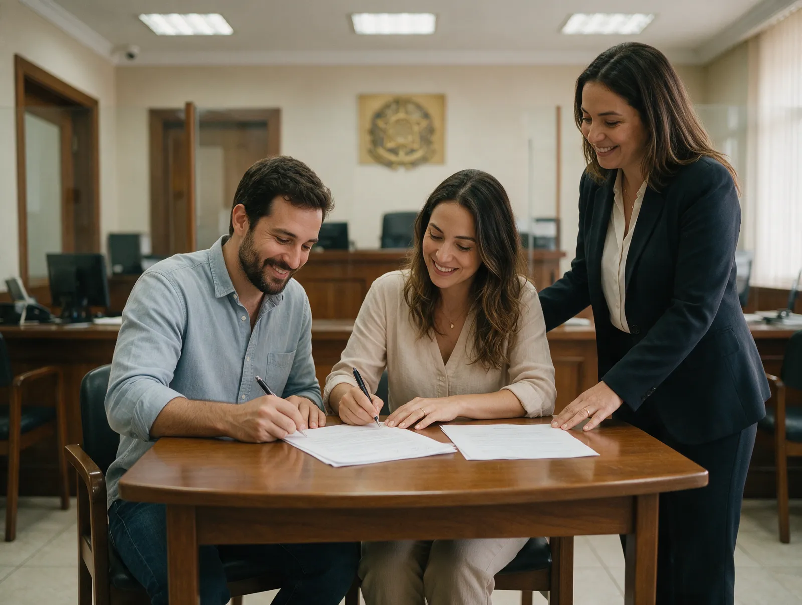 Casal assinando a escritura em um cartório