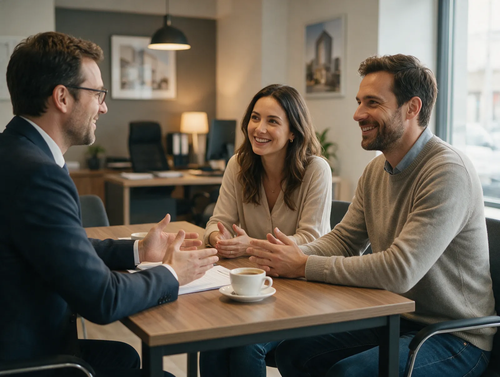 Corretor conversando com um casal no escritório