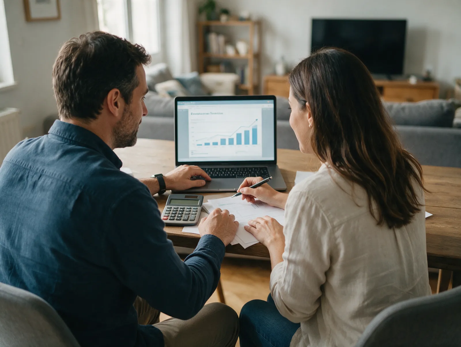 Casal simulando um financiamento no notebook