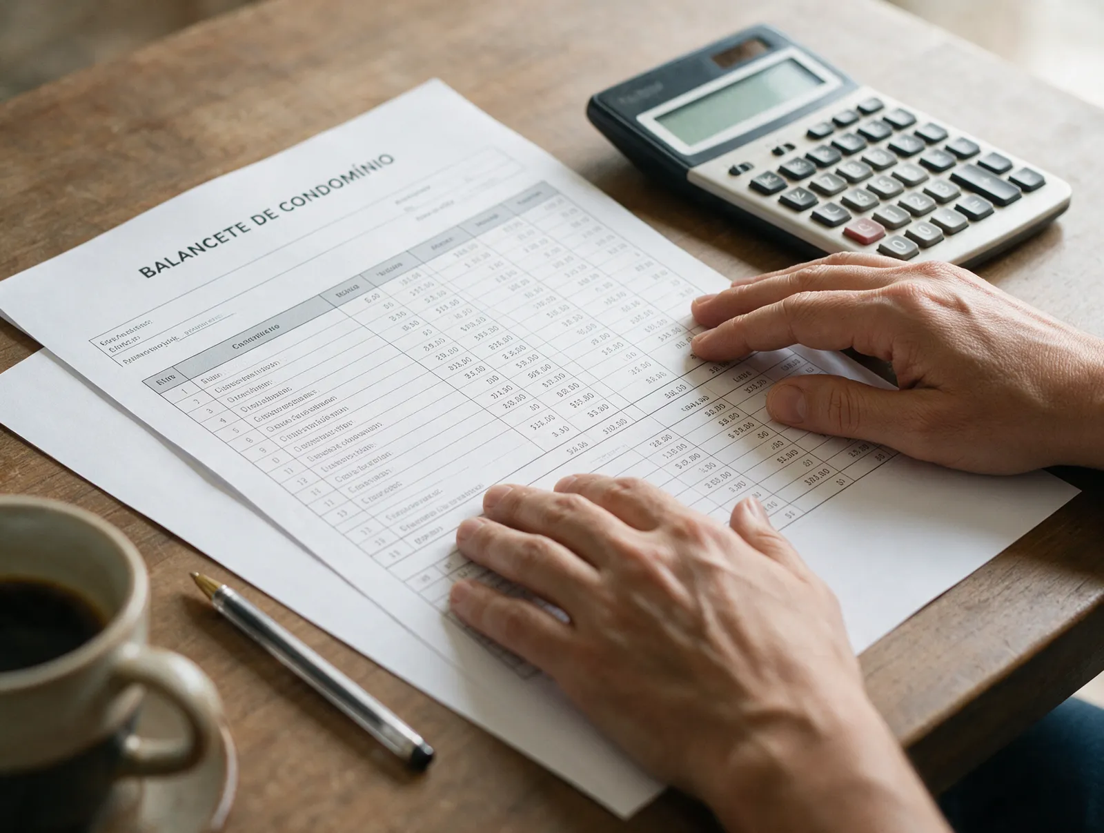 Balancete e calculadora sobre uma mesa