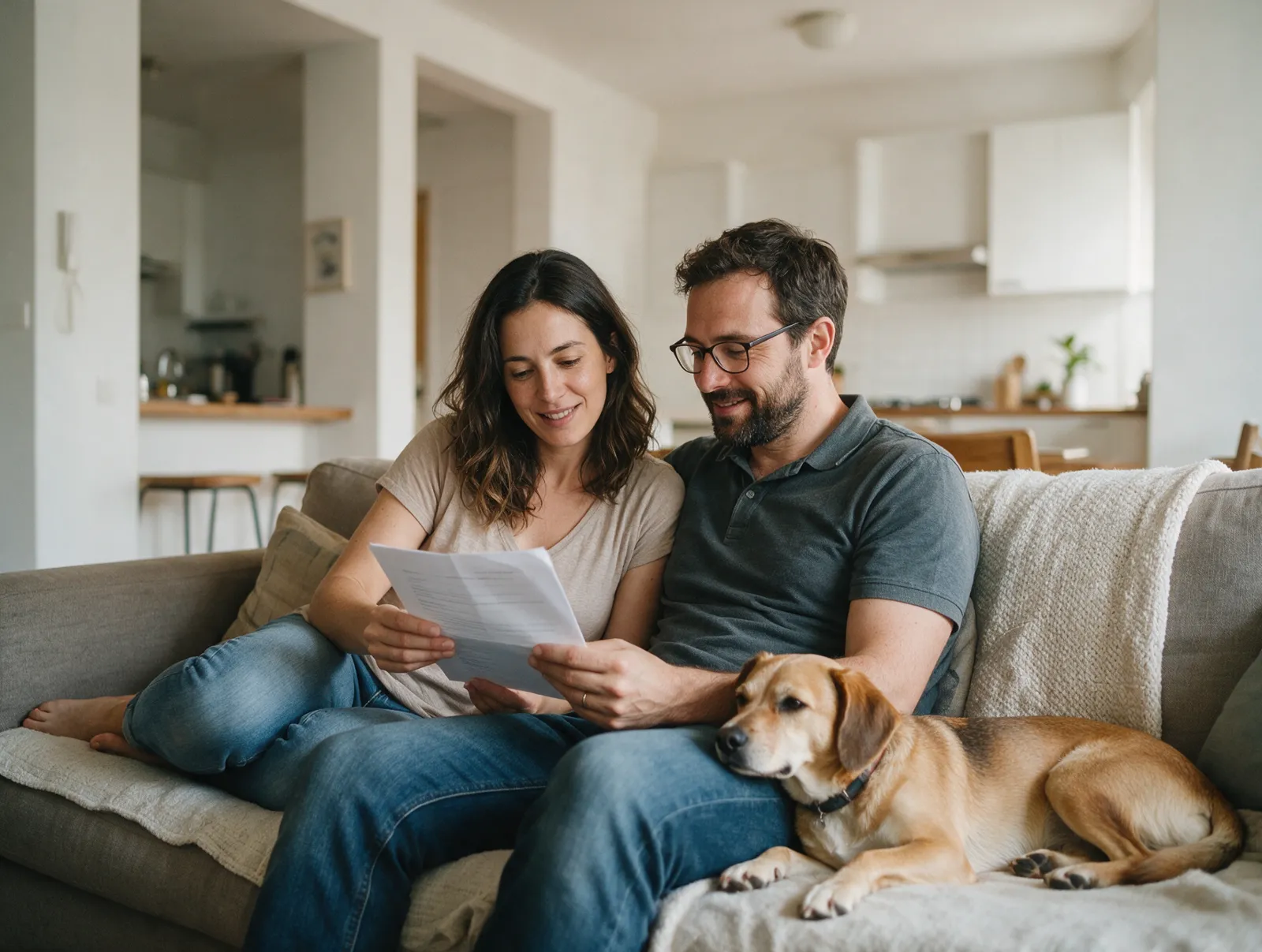 Casal lendo um documento no sofá, com um cachorro ao lado