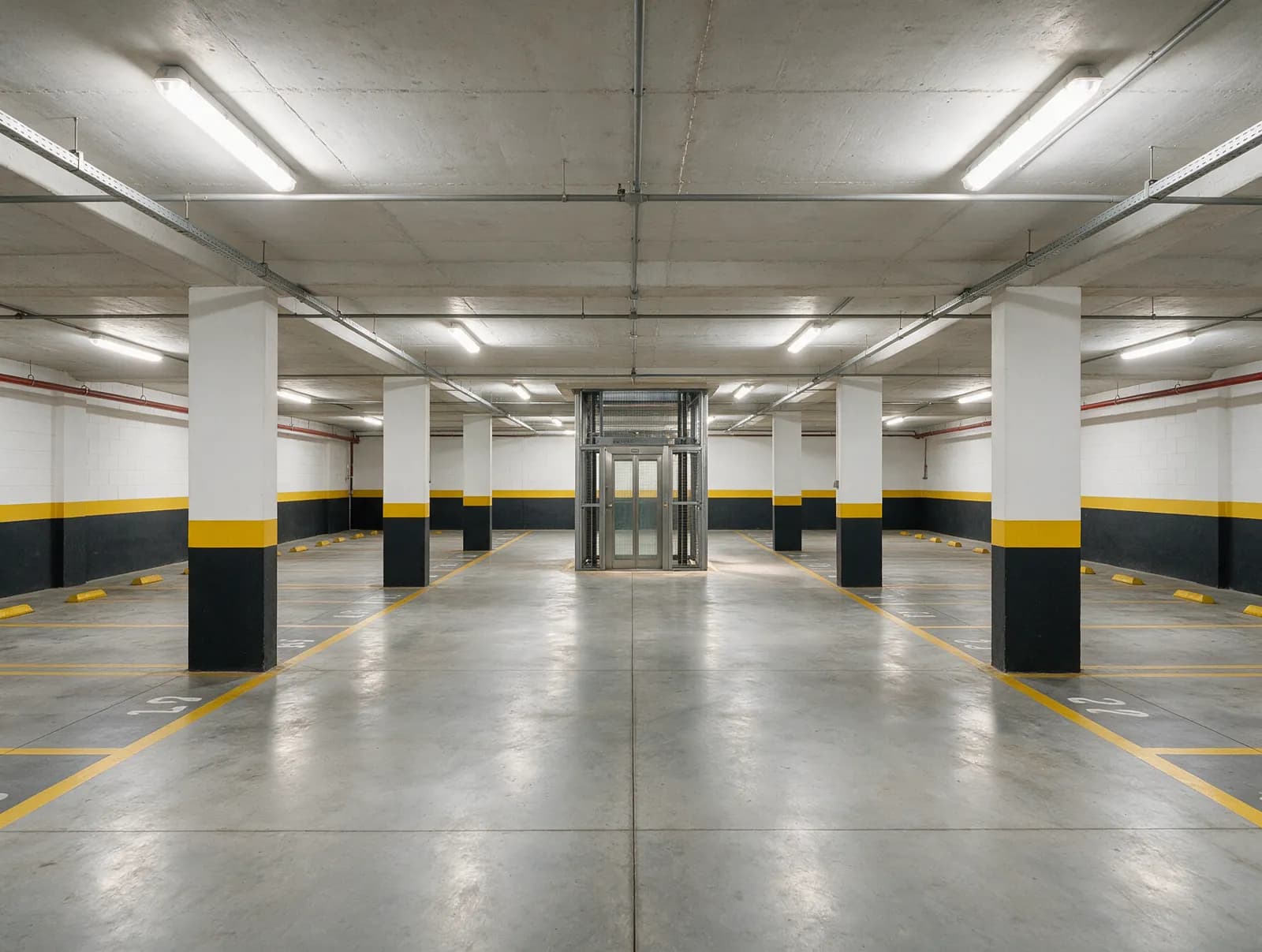 Garagem de subsolo organizada em um condomínio
