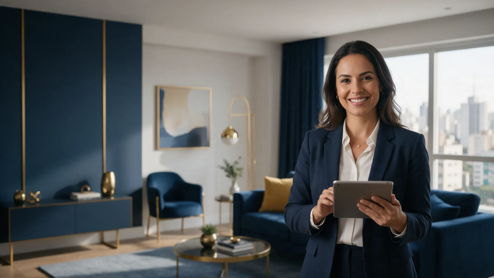 Corretora sorrindo com um tablet na sala de um apartamento moderno, com a cidade de São Paulo ao fundo (imagem ilustrativa)