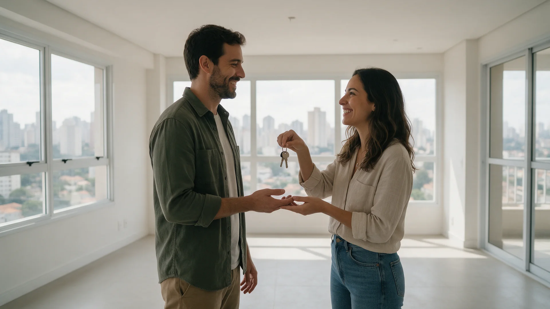 Casal sorrindo trocando as chaves de um apartamento novo, com a cidade de São Paulo ao fundo (imagem ilustrativa)